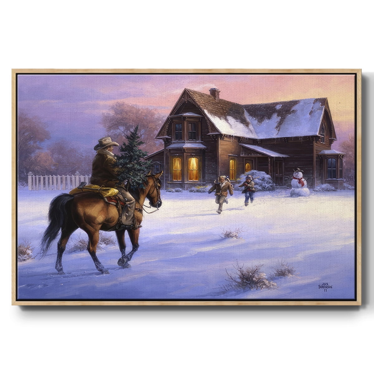 The Day Daddy Brought Home the Tree - Framed Gallery Wrapped Holiday Canvas - 27 x 41 - Natural Wood Frame