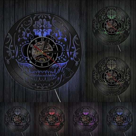 The Day of the Dead Vinyl Record Wall Clock Hand Carved Skull Da de los Muertos Decorative Clock Quartz Movement Silent Clock
