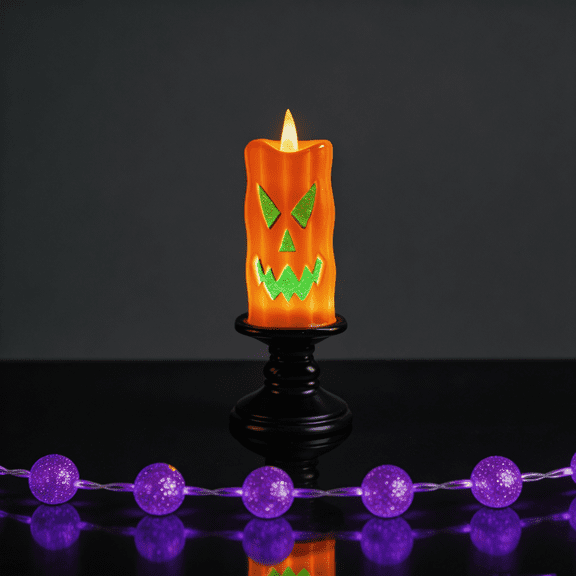 The Decor Spot Halloween Glitter Pumpkin Candle, Orange LED Tea Light with Green Glitter Eyes and Black Stand, Spooky Holiday Floating Candlelight