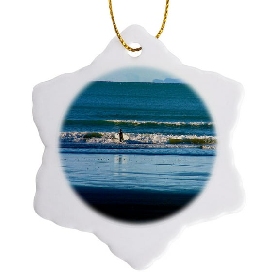 3drose, the Deep Blue Water with a Surfer Walking Out to Sea with His Surf Board, 3 inch Snowflake Porcelain Ornament