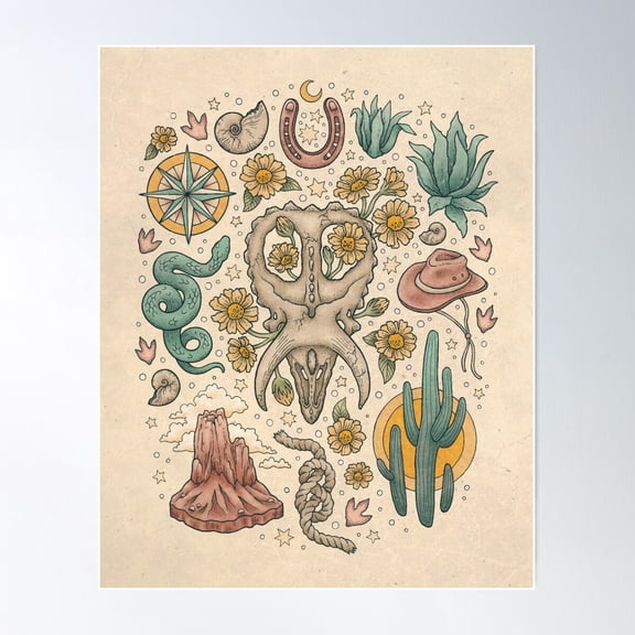 The Desert Sunflowers | Dinosaur Southwest Adventure Art | Natural History Explorer Poster Wall Art, Modern Wall Decor For Living Room Bedroom, 12x18 UNFRAMED
