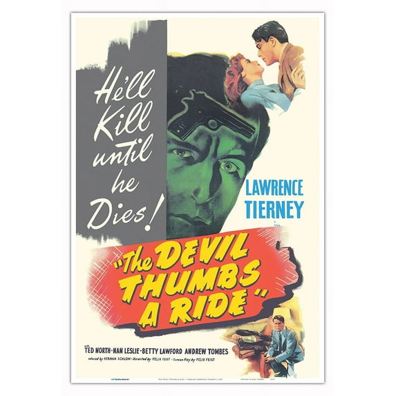 The Devil Thumbs a Ride - Starring Lawrence Tierney - Vintage Film Noir Movie Poster c.1947 - Master Art Print (Unframed) 13in x 19in