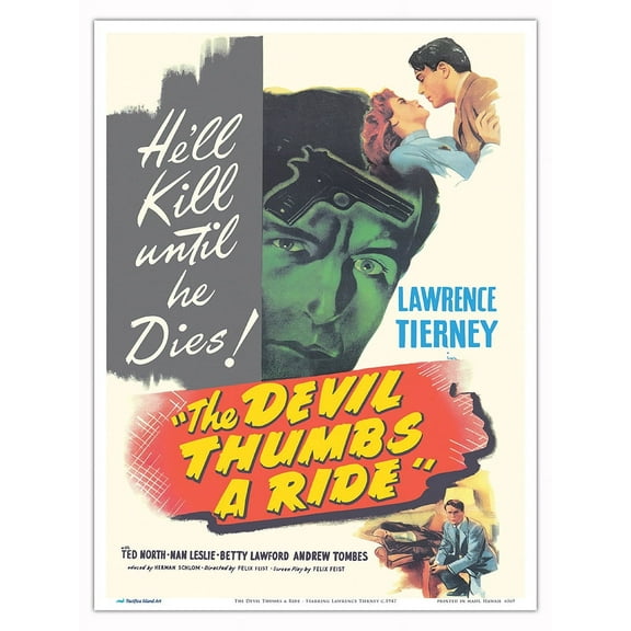 The Devil Thumbs a Ride - Starring Lawrence Tierney - Vintage Film Noir Movie Poster c.1947 - Master Art Print (Unframed) 9in x 12in