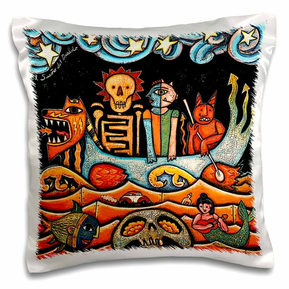 3dRose, The Devil s Dream folk art skulls mexican colorful surrealism, 16x16 inch Pillow Case