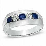 The Diamond Deal 10k SOLID White Gold Mens Round Shaped 5-Stone Diamond And Sapphire Gemstone Wedding Band Ring (1/3Cttw)