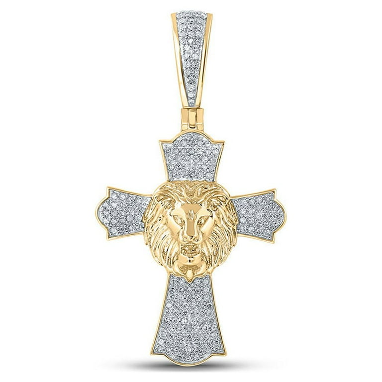 The Diamond Deal 10kt Yellow Gold Mens Round Diamond Lion Face