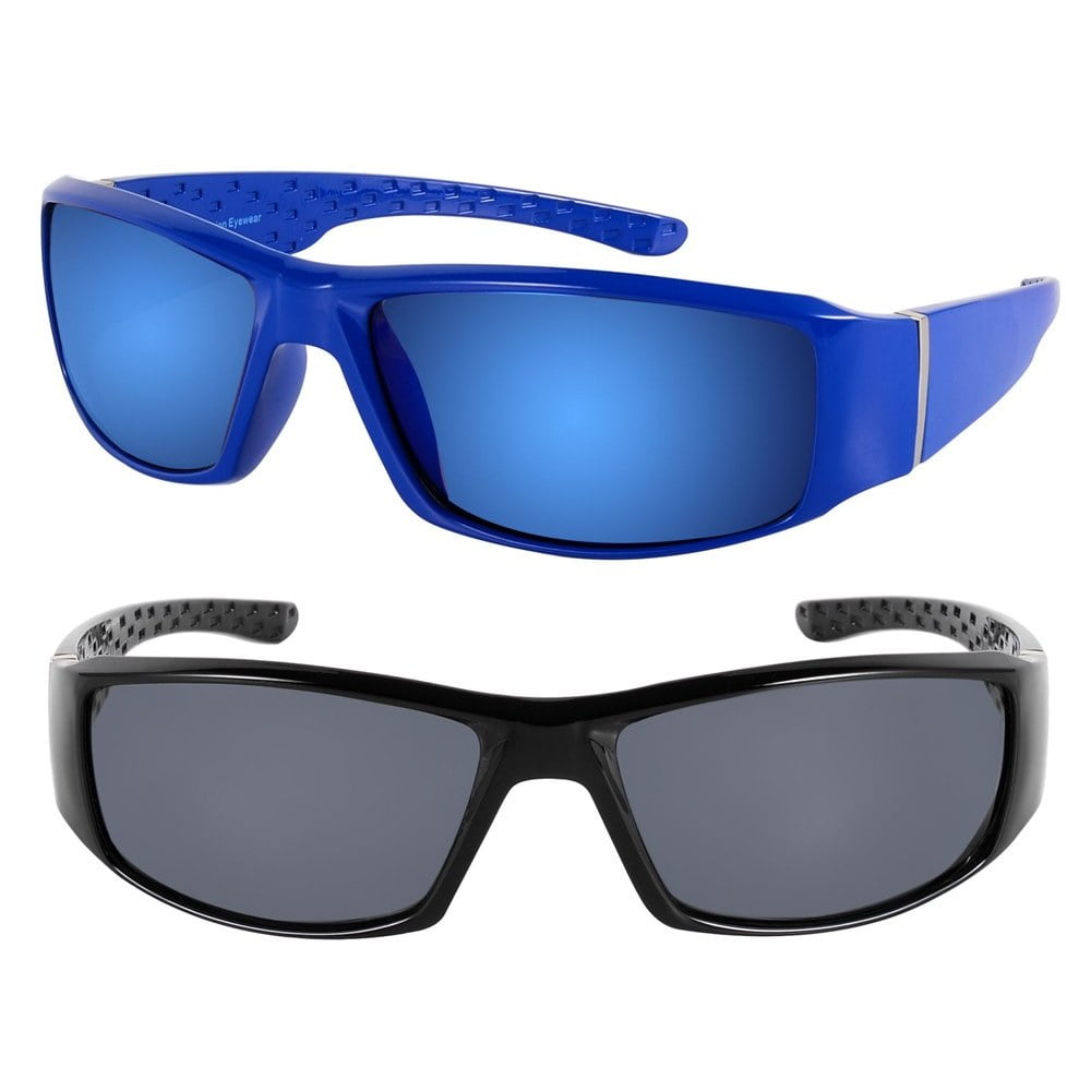 "The Diesel" 2 Pair of Extra Large Polarized Sunglasses for Men with Wide Heads - Black/Blue