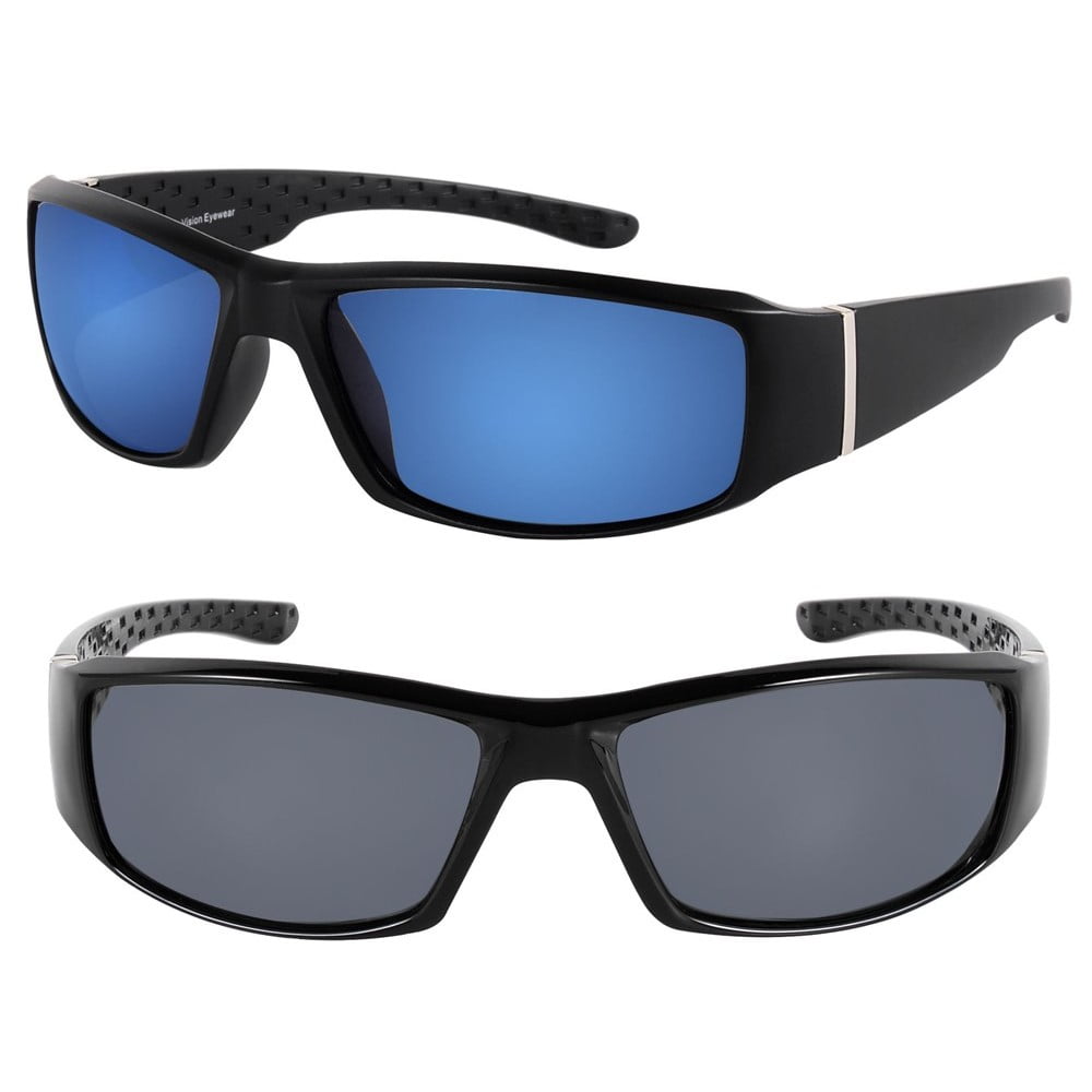 "The Diesel" 2 Pair of Extra Large Polarized Sunglasses for Men with Wide Heads - Black/Open Road Blue