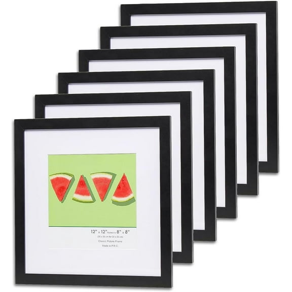 The Display Guys - 6-Pack Minimalist Wooden Picture Frames with Tempered Glass - 12x12 mat to 8x8 - Black - Wall Hanging