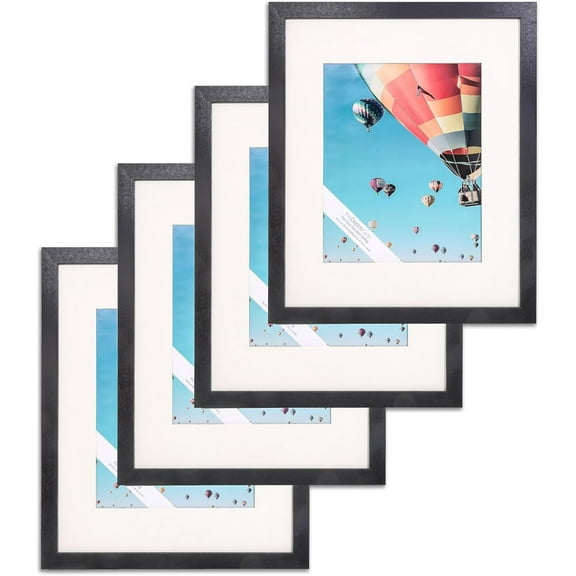 The Display Guys - Black Wooden Minimalist Picture Frames Set - Tempered Glass - 16x20 matted to 11x14 - Wall Hanging - 4-Pack
