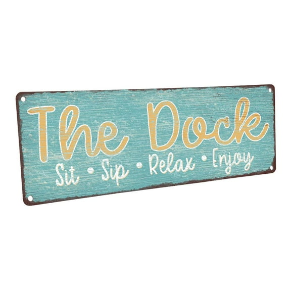 The Dock - Sit, Sip, Relax 4"x12" Metal Sign, Wall Décor for Porch, Patio, and Deck