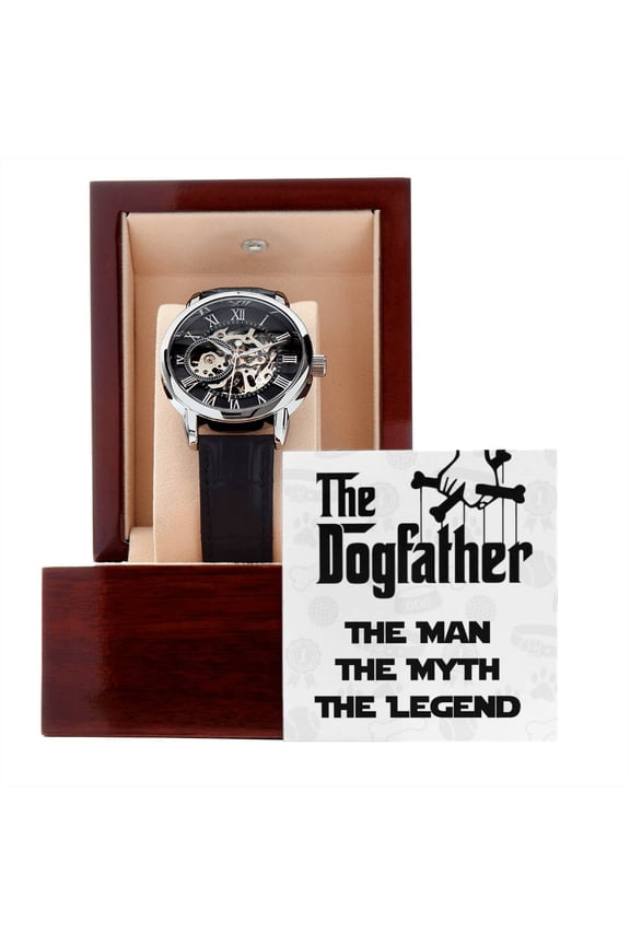 The Dogfather - Funny, Cute Dog Father Dad Owner Pet Doggo Pup Mens Watch - Men's Openwork Watch - Mahogany Gift Box