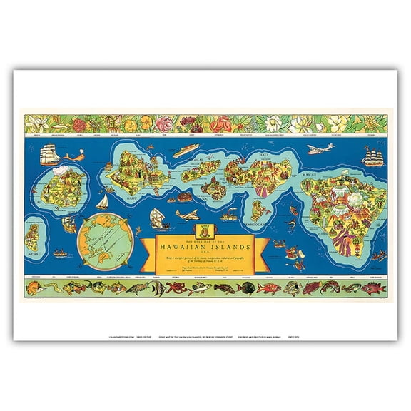 The Dole Map of The Hawaiian Islands U.S.A. - Territory of Hawaii - Vintage Pictorial Map by Parker Edwards c.1937 - Master Art Print 10in x 14in
