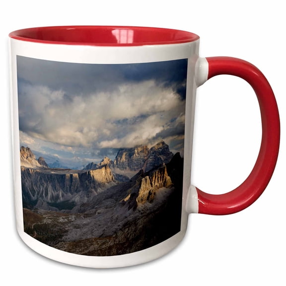 3drose, the Dolomites in the Veneto. Monte Pelmo, Croda Da Lago, Averau, Italy, 11oz Two-tone Red Mug