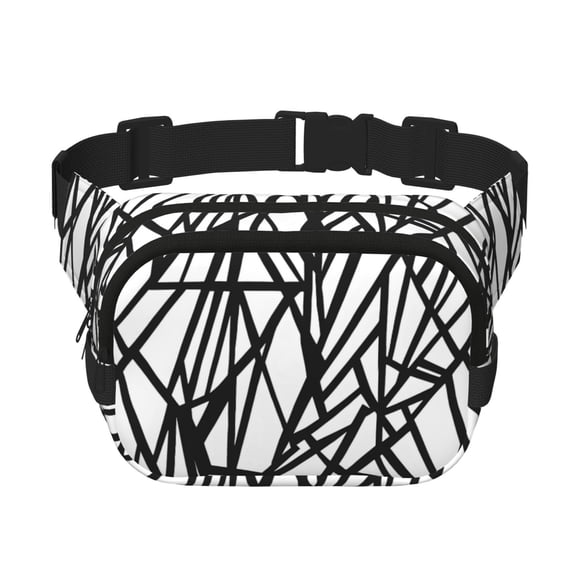 The Double-Layer Waist Bag Features A 6.3×9.1×2.8in Nylon Zipper And A Pull With A Zipper Compartment Black Geometric Lines_4