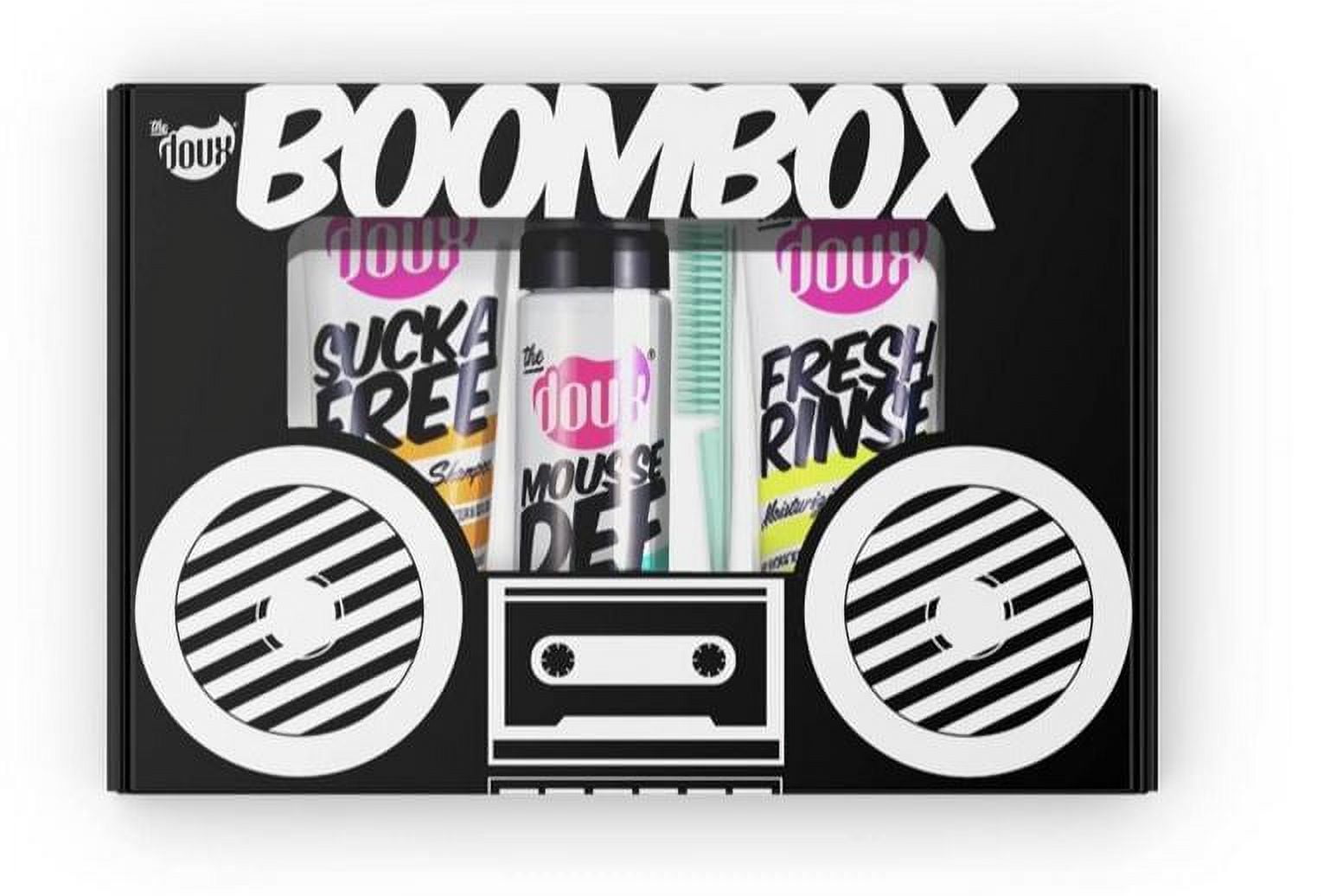 The Doux Boombox Styling Kit Shampoo, Conditioner, Mousse, and