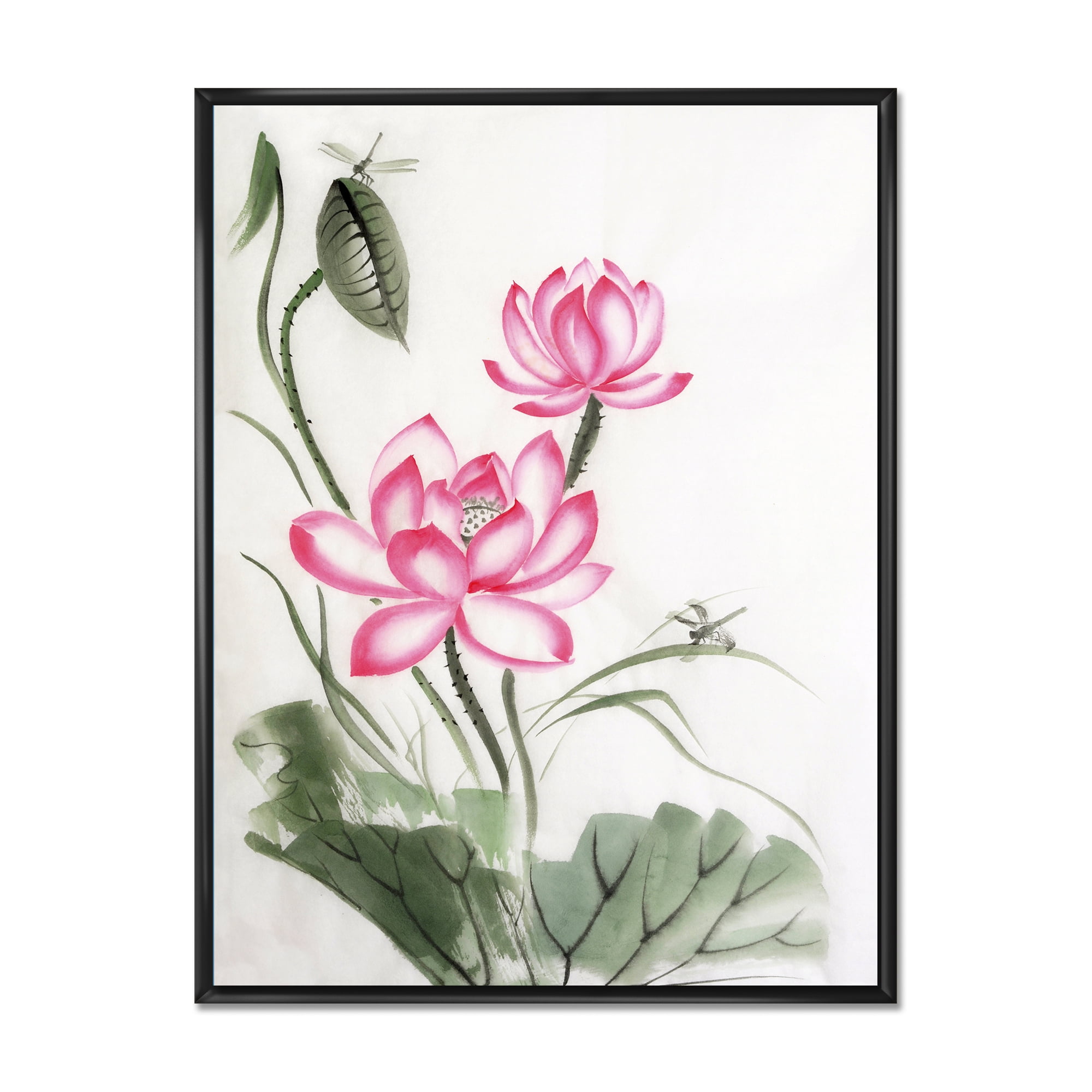 The Dragonfly and Lotus I 30 in x 40 in Framed Painting Canvas Art Print, by Designart