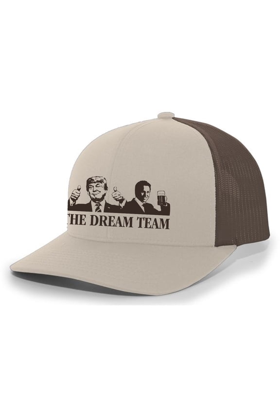 The Dream Team Funny Mens Embroidered Mesh Back Trucker Hat Baseball Cap, Khaki/Brown