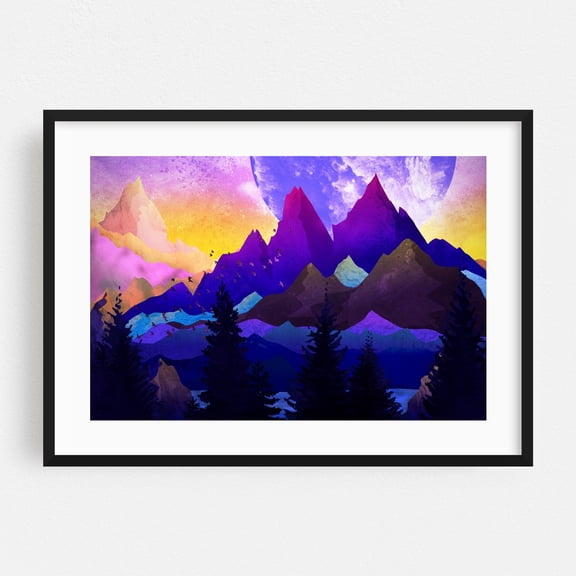 The Dreamy Mountains - Illustration Surrealism Landscape Abstract Mountain Nature Night Sky Psychedelic Black Framed Wall Art Print 12 x 18 inches