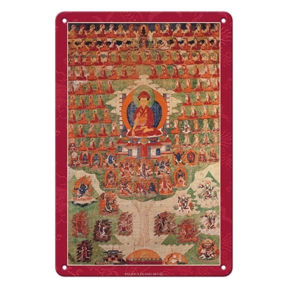 The Drikung Lineage - Field of Accumulation Practice - Vintage Tibetan Thangka Buddhist Painting - Tibet, 17th Century - 8 x 12 inch Vintage Metal Tin Sign