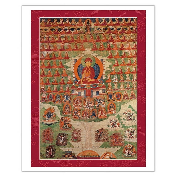 The Drikung Lineage - Field of Accumulation Practice - Vintage Tibetan Thangka Buddhist Painting - Tibet, 17th Century - Fine Art Matte Paper Print (Unframed) 16x20in