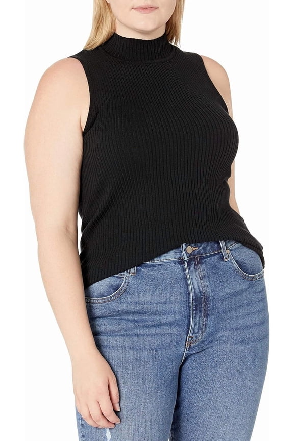 Women's Karolina Sleeveless Mock Neck Rib Sweater Black Size Medium