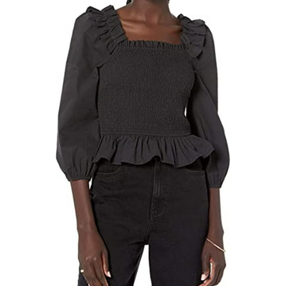 The Drop Womens Marisol Smocked Ruffled Blouse, Black, X-Large