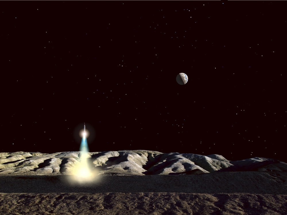 The Earth hangs in the low lunar sky as a sleek moonship lifts off from the lunar hills Canvas Art - Frank HettickStocktrek Images (33 x 25)