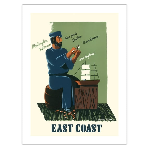 The East Coast - Washington Baltimore New York Boston Providence New England - Vintage Travel Poster by Edward McKnight Kauffer c.1948 - Bamboo Fine Art 290gsm Paper Print (Unframed) 18x24in