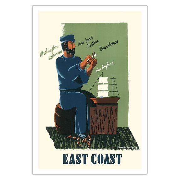 The East Coast - Washington Baltimore New York Boston Providence New England - Vintage Travel Poster by Edward McKnight Kauffer c.1948 - Fine Art Matte Paper Print (Unframed) 30x44in