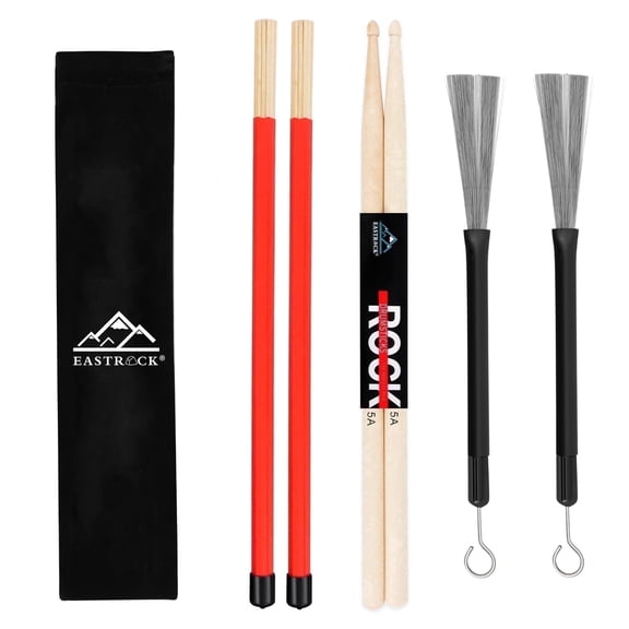 EASTROCK Drum Sticks Set - 5A Maple Sticks & Telescopic Drum Brushes & Drum Rods Brushes Stick with Bag