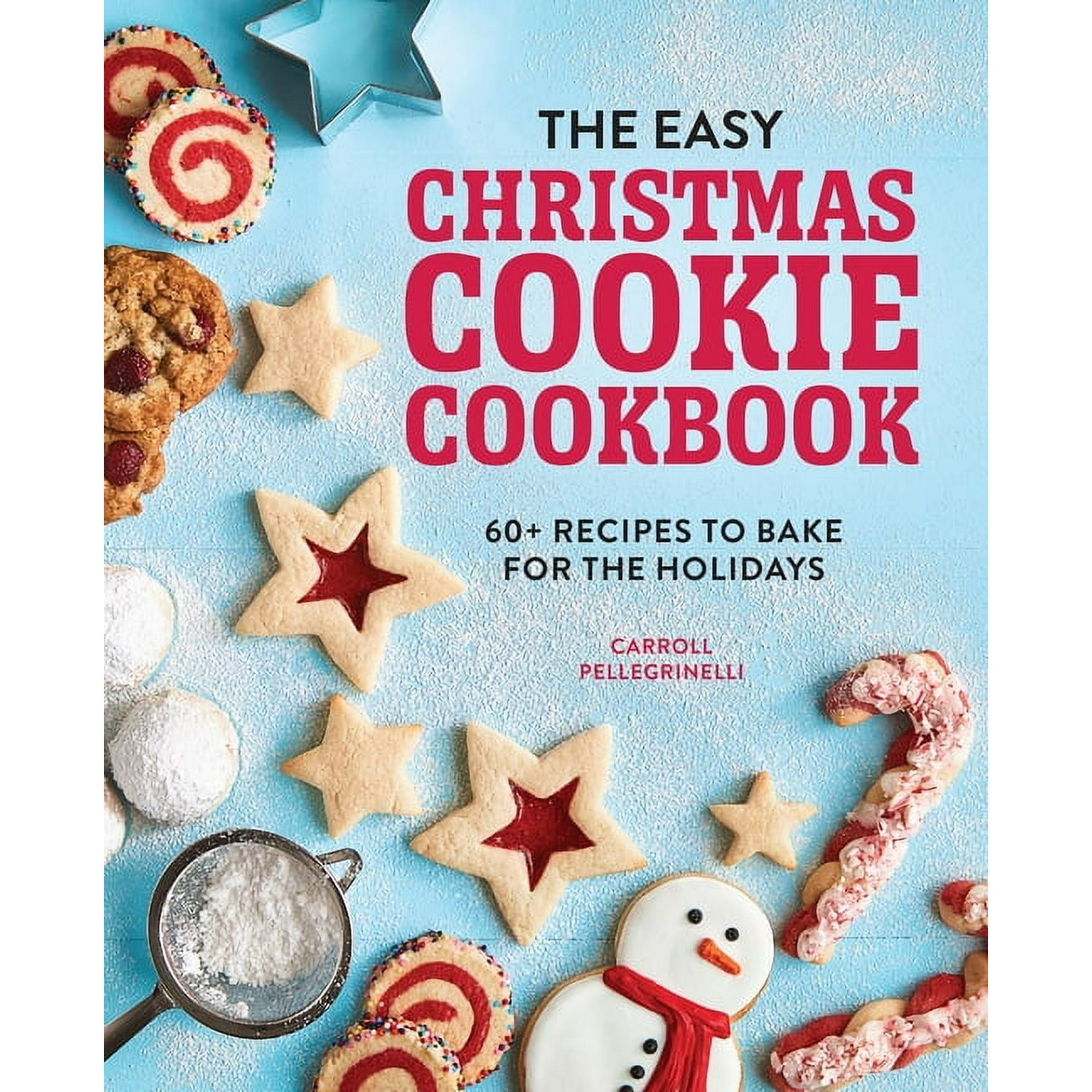 A blue cookbook with Christmas cookies on it