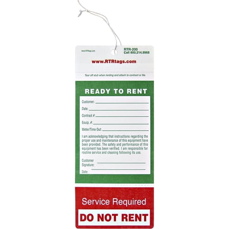 "The Economy" RTR-200 - 10Pt Card Stock - Weather Resistant - Ready To Rent Equipment Tag - 1000 Per Case - FREE samples - email info@RTRnation.com