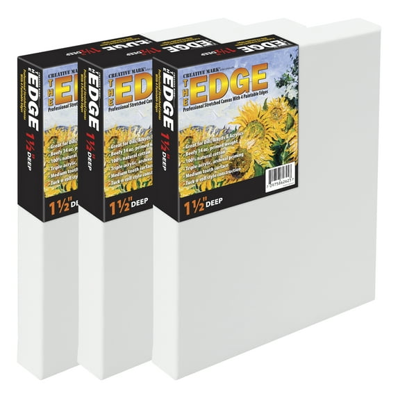 The Edge All Media Cotton Deluxe Stretched Canvas - 1-1/2" Deep Canvas for Acrylics, Oils, Watercolor, Pastels, Charcoal, & More! - [6 Pack - 12x12]