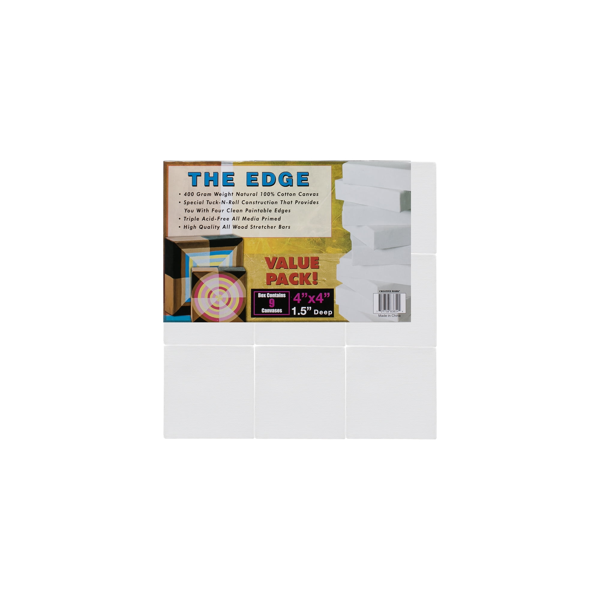Creative Mark The Edge Deluxe Cotton 1-1/2" Deep Stretched Canvas for Painting, 4x4" Pack of 45, 14oz. Primed Weight, Universal Archival Priming, Medium Tooth, Frameless Artwork Canvas for Painters