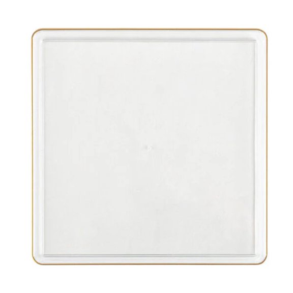 The Edge Collection 10.75" Clear with Gold Rim Square Plastic Dinner Plates:120CT