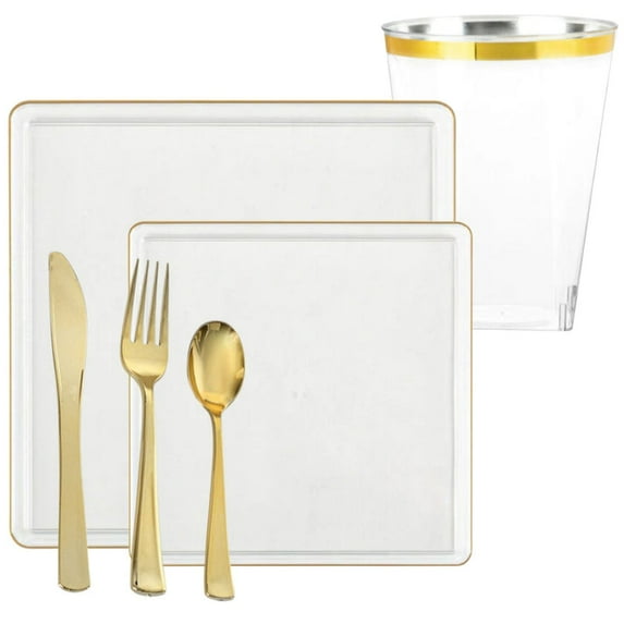 The Edge Collection Elegant Clear with Gold Rim Square Dinner Tableware COMBO Set: 20 Servings