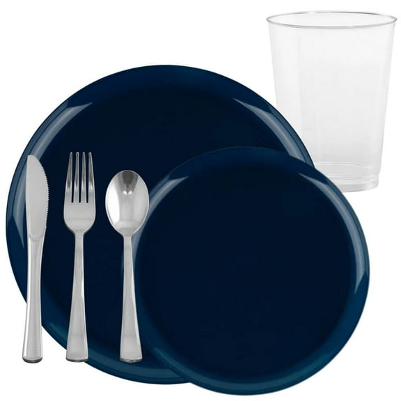 The Edge Collection Elegant Dark Blue Disposable 420Pcs Plastic Dinner Tableware COMBO Set for 60 Person Serving
