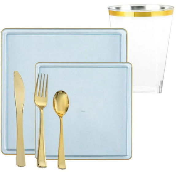 The Edge Collection Elegant Transparent Blue with Gold Rim Square Dinner Tableware COMBO Set: 20 Servings