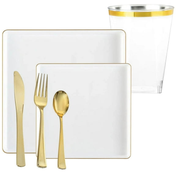 The Edge Collection Elegant Transparent White with Gold Rim Square Dinner Tableware COMBO Set: 120 Servings