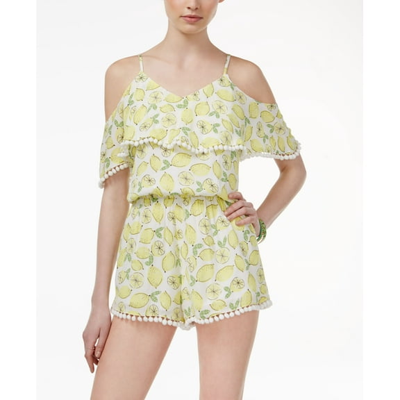The Edit By Seventeen Juniors Cold Shoulder Pom Pom Romper Lemon XS