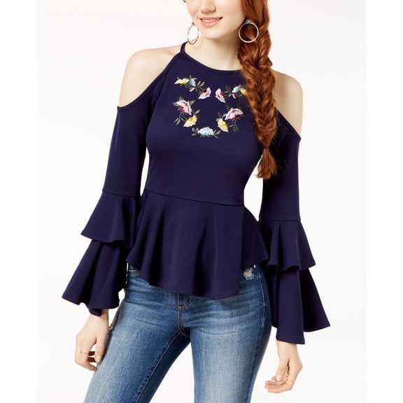 The Edit By Seventeen Juniors Embroidered Cold Shoulder Top Navy XS