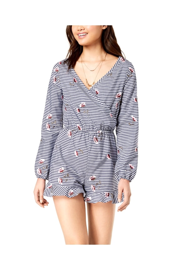 The Edit By Seventeen Juniors Embroidered Gingham Romper Navy/Multi M