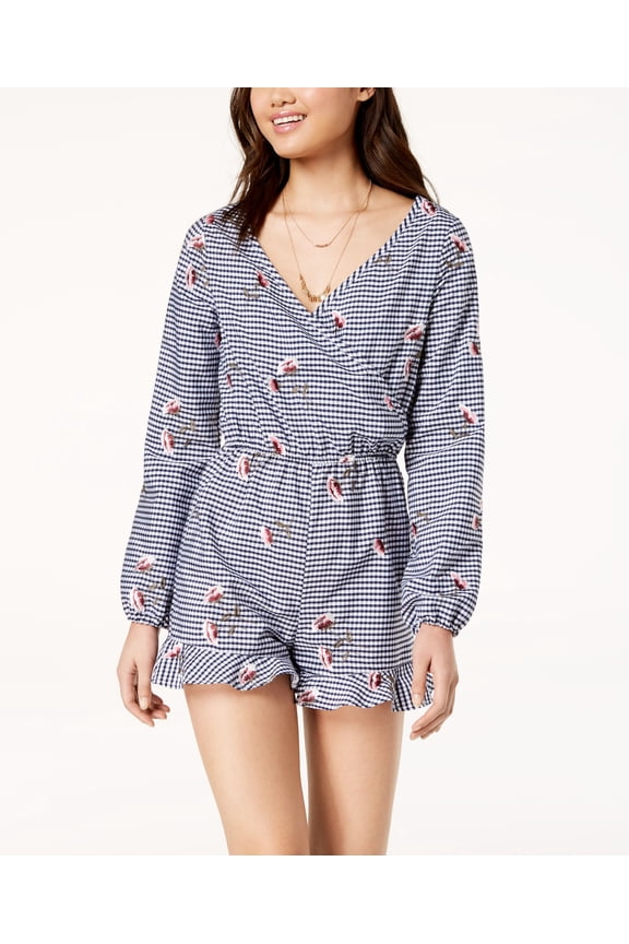 The Edit By Seventeen Juniors Embroidered Gingham Romper Navy Multi XS