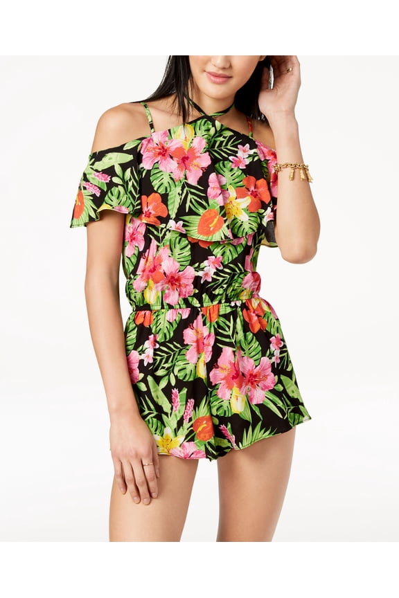 The Edit By Seventeen Juniors Printed Cold Shoulder Romper Black Multi S