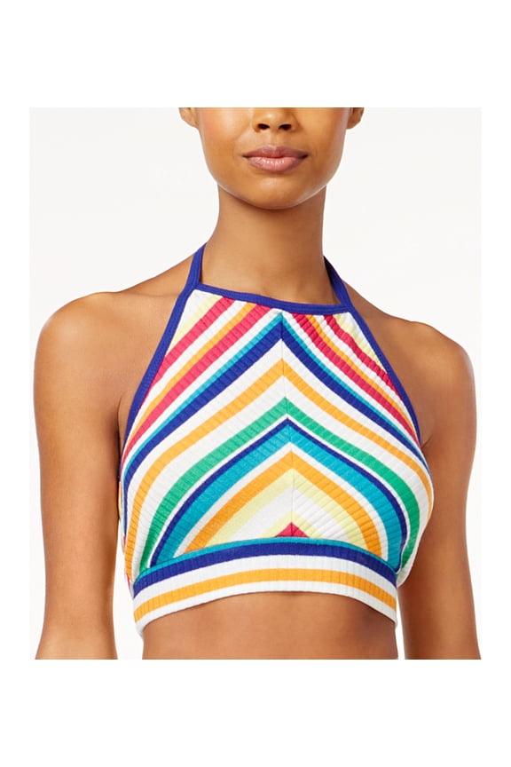 The Edit By Seventeen Juniors' Rainbow Stripe Printed Cropped Halter Top (Multicolor, XL)