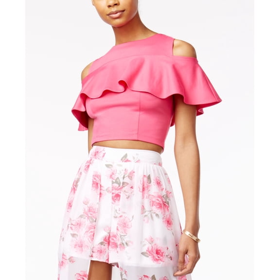 The Edit By Seventeen Juniors Ruffled Cold Shoulder Crop Top Pink S