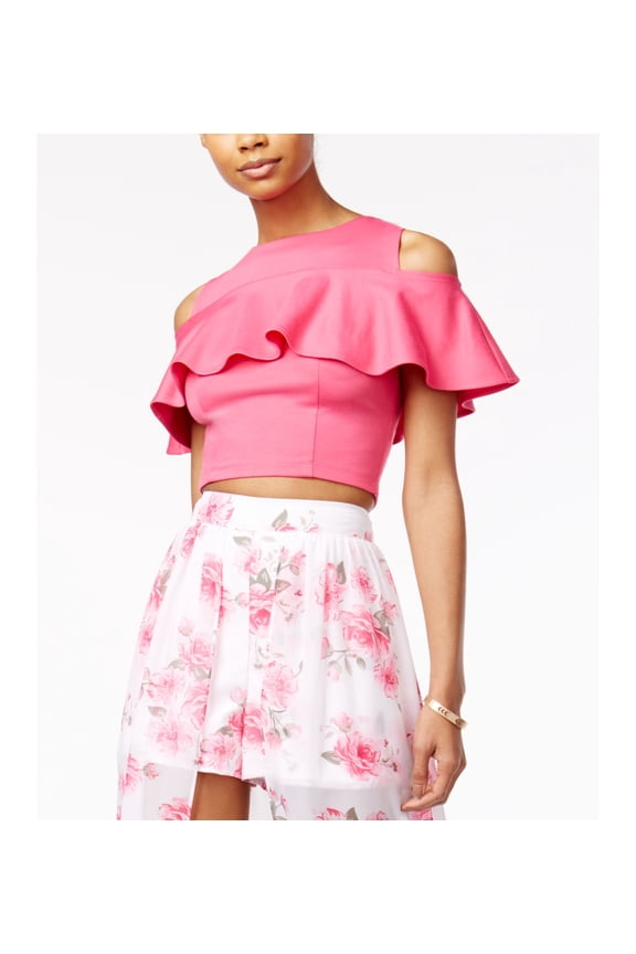 The Edit By Seventeen Juniors Ruffled Cold Shoulder Crop Top Pink S