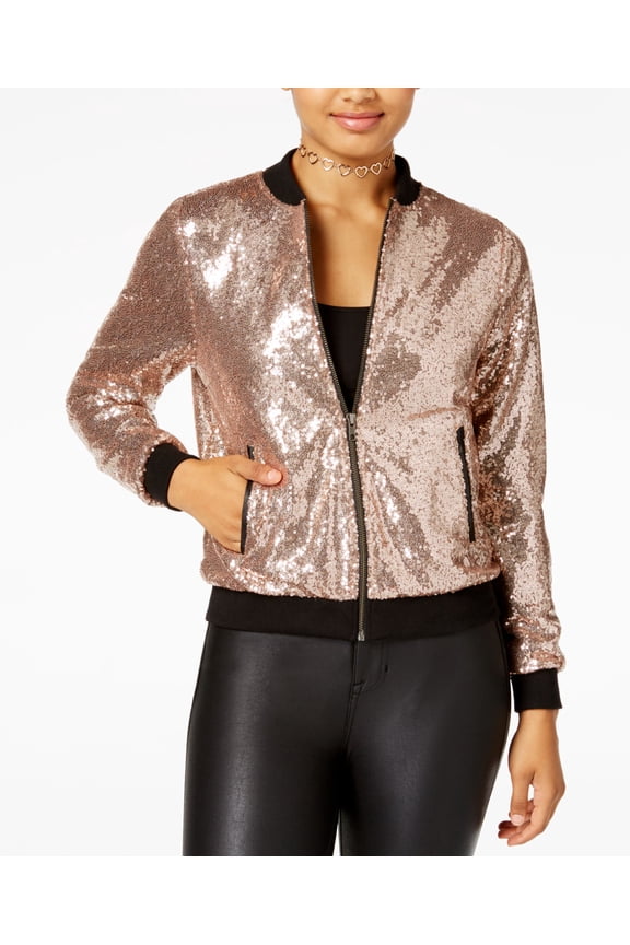 By Seventeen Juniors Sequined Bomber Jacket Gold XL