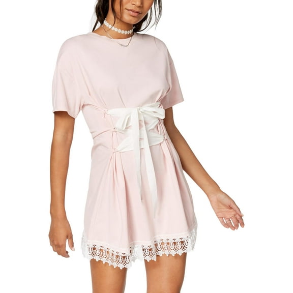 The Edit Womens Juniors Lace Inset Corset T-Shirt Dress Pink M